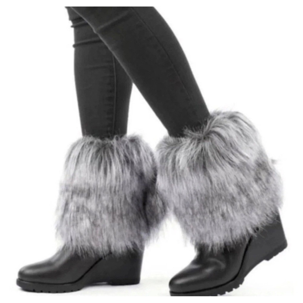 Sorel Park City Short Fold Over Faux Fur Wedge Boots Black Women's Size 7.5